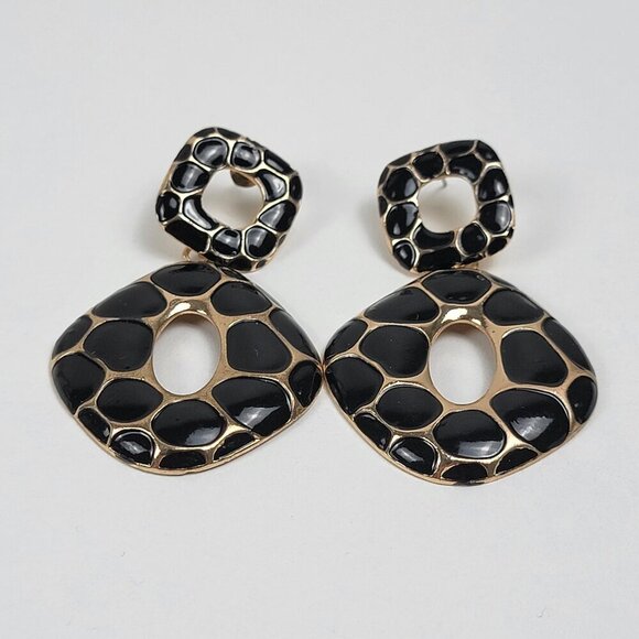 Gold-Tone Black Enamel Drop Earrings 2.5 In Pierced Post Leopard Print Pebble - Picture 2 of 10